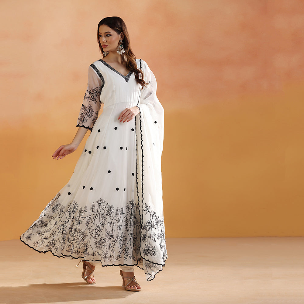 Off-White Anarkali With Black Floral Thread Embroidery, Polka Dot Detailing, & Sheer Embroidered Sleeves, Paired With A Scalloped-Edge Dupatta - image 4