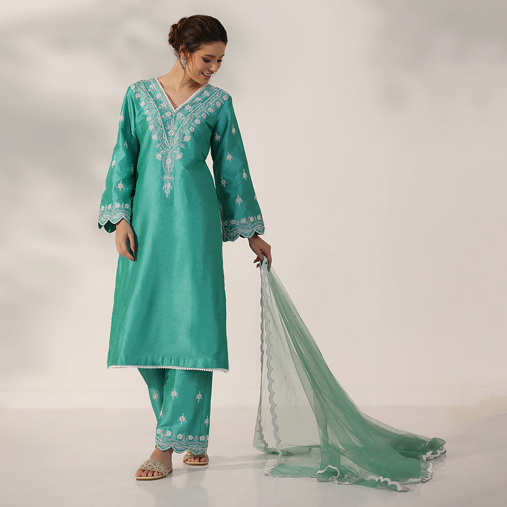 A Teal Green Suit With Flared Scalloped Sleeves & Matching Embroidered Pants, Paired With Scalloped-Edge Net Dupatta - image 1