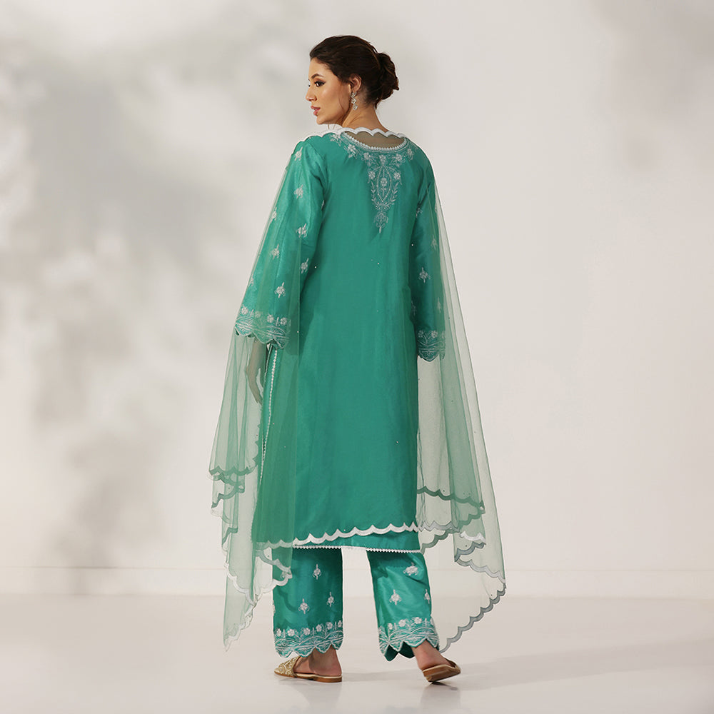 A Teal Green Suit With Flared Scalloped Sleeves & Matching Embroidered Pants, Paired With Scalloped-Edge Net Dupatta - image 2