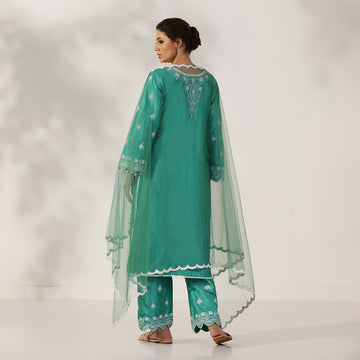 A Teal Green Suit With Flared Scalloped Sleeves & Matching Embroidered Pants, Paired With Scalloped-Edge Net Dupatta - image 2