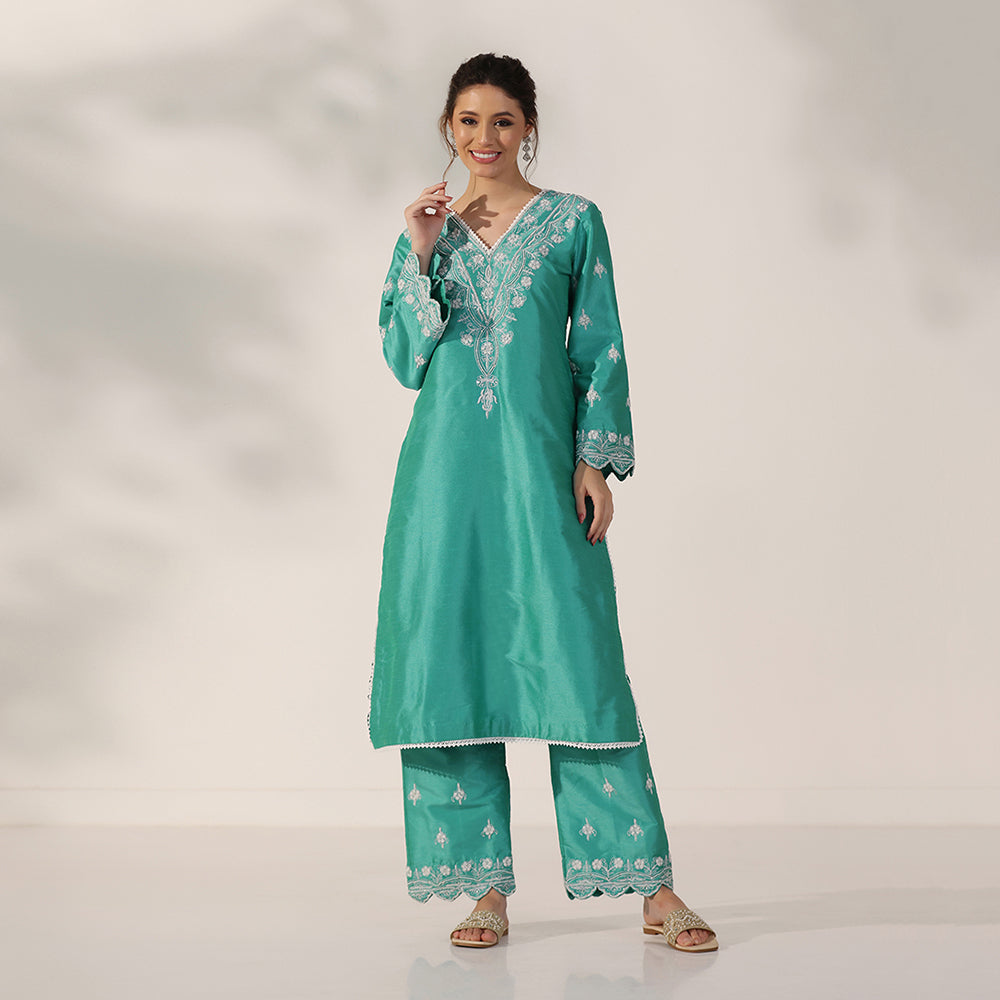 A Teal Green Suit With Flared Scalloped Sleeves & Matching Embroidered Pants, Paired With Scalloped-Edge Net Dupatta - image 4