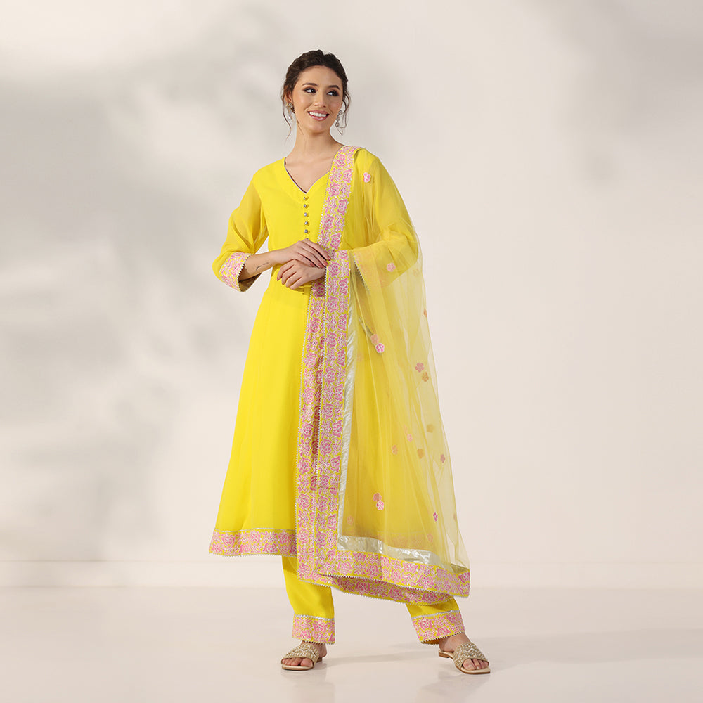 A-line Suit Set Featuring Pink Floral Embroidered Border, Paired With Matching Embroidered Dupatta - image 1