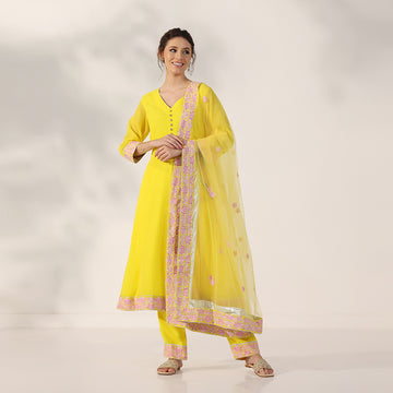 A-line Suit Set Featuring Pink Floral Embroidered Border, Paired With Matching Embroidered Dupatta - image 1
