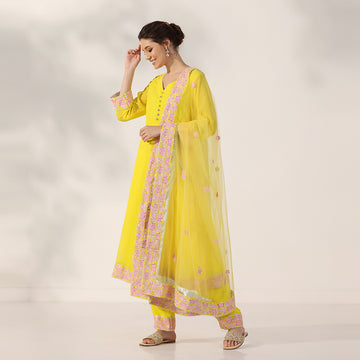 A-line Suit Set Featuring Pink Floral Embroidered Border, Paired With Matching Embroidered Dupatta - image 2