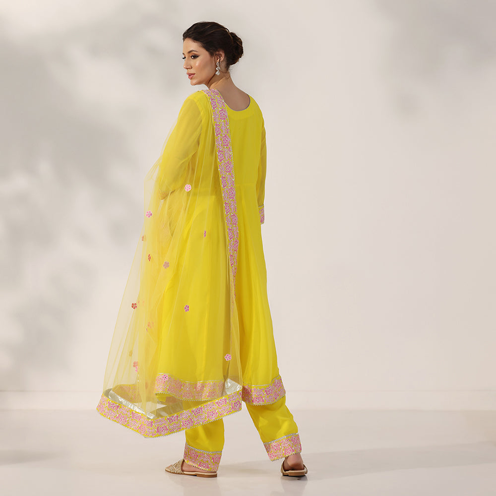 A-line Suit Set Featuring Pink Floral Embroidered Border, Paired With Matching Embroidered Dupatta - image 4