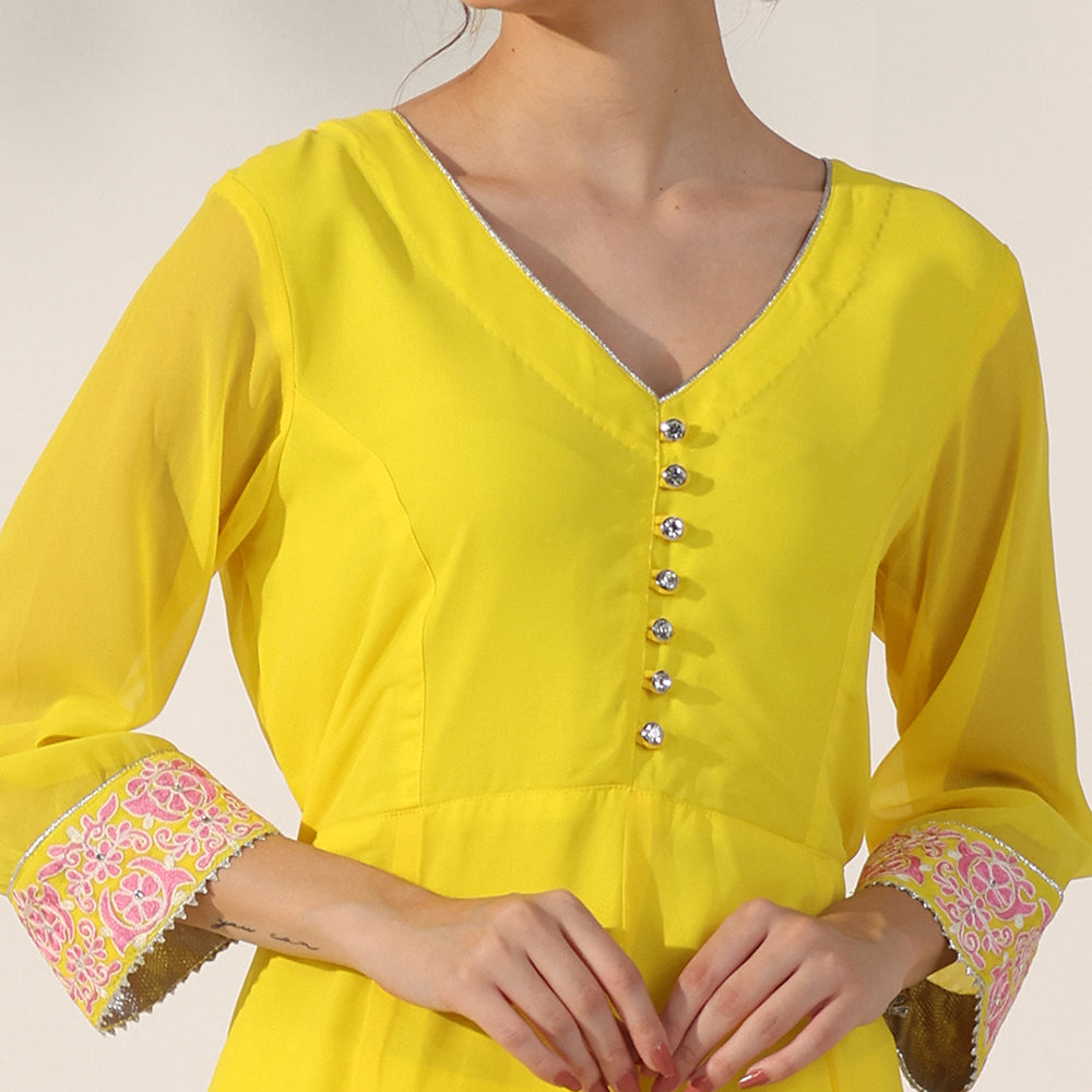 A-line Suit Set Featuring Pink Floral Embroidered Border, Paired With Matching Embroidered Dupatta - image 6