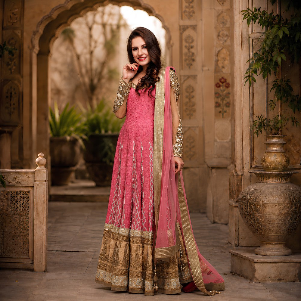 Pink Gold Embroidered Long Anarkali Set - image 2