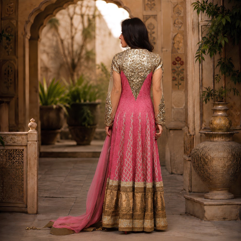 Pink Gold Embroidered Long Anarkali Set - image 4