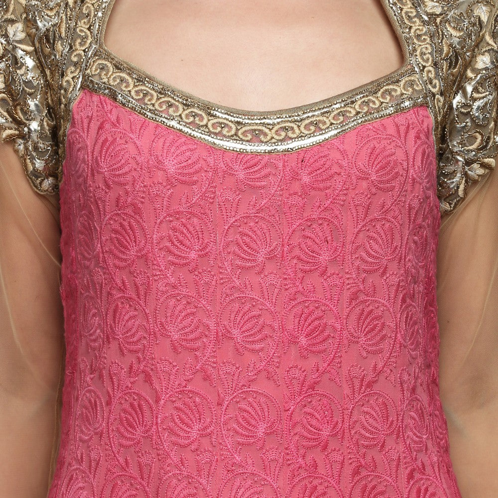 Pink Gold Embroidered Long Anarkali Set - image 5