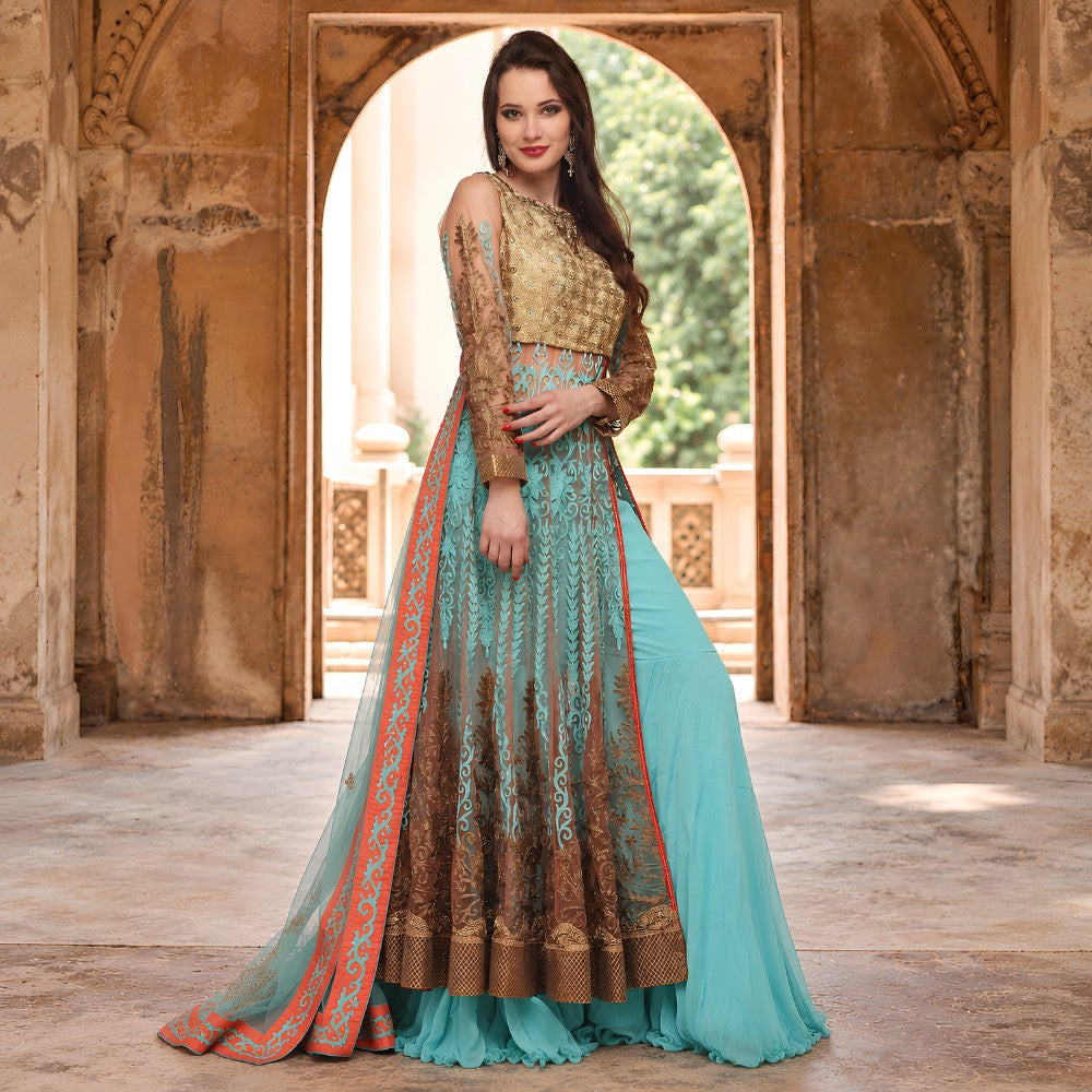 Turquoise Gold Embroidered Jacket Sharara Set - image 2