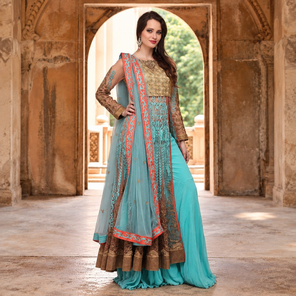 Turquoise Gold Embroidered Jacket Sharara Set - image 3