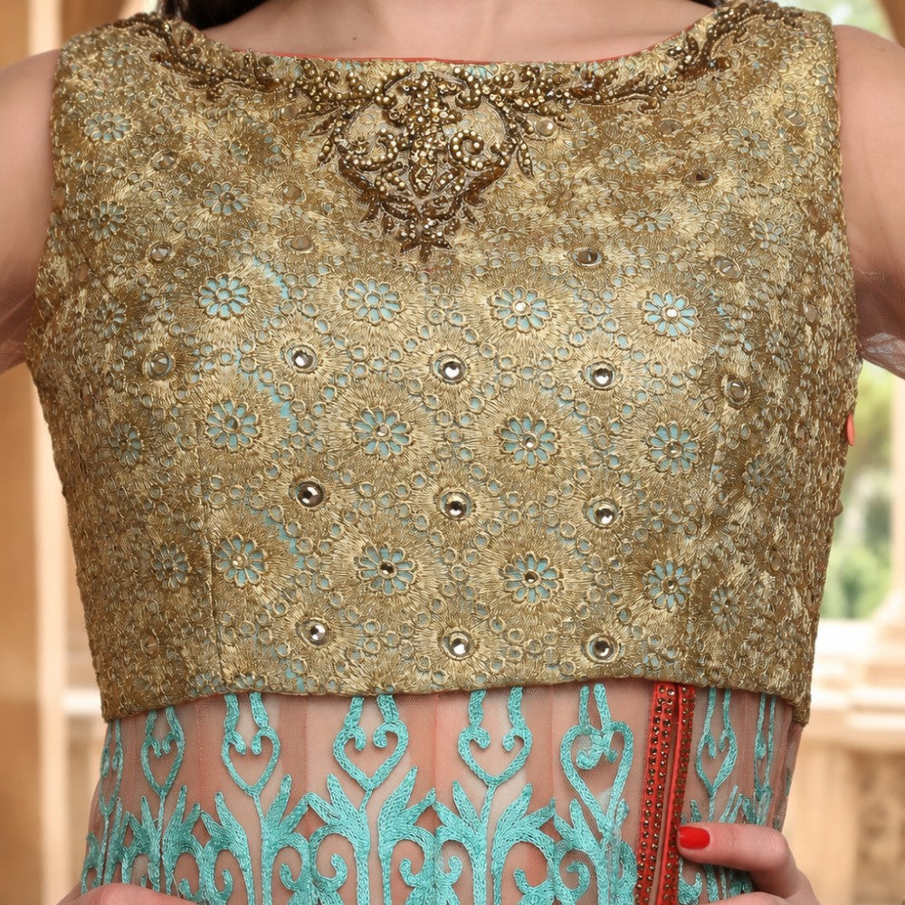 Turquoise Gold Embroidered Jacket Sharara Set - image 7