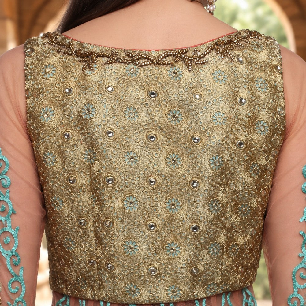 Turquoise Gold Embroidered Jacket Sharara Set - image 8