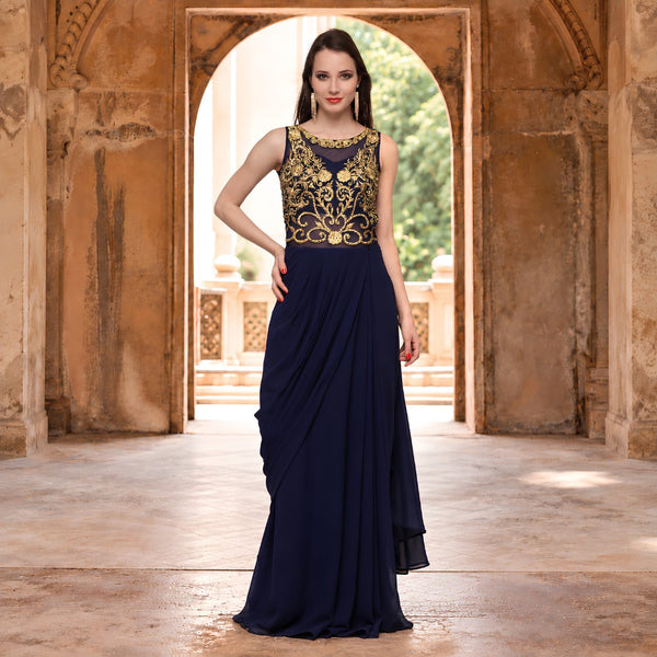 Navy Blue Georgette Gold Embroidered Drape Saree