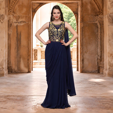 Navy Blue Georgette Gold Embroidered Drape Saree - image 2