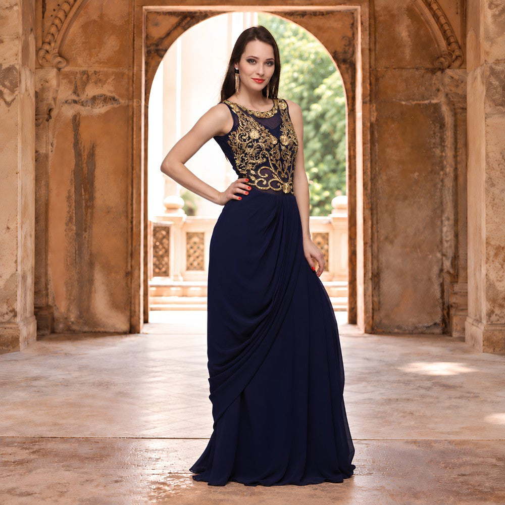 Navy Blue Georgette Gold Embroidered Drape Saree - image 3