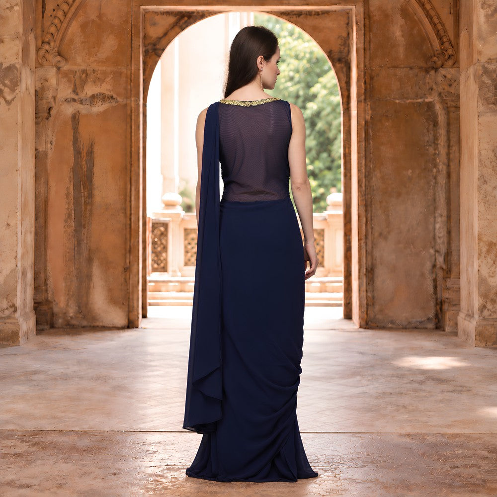 Navy Blue Georgette Gold Embroidered Drape Saree - image 5