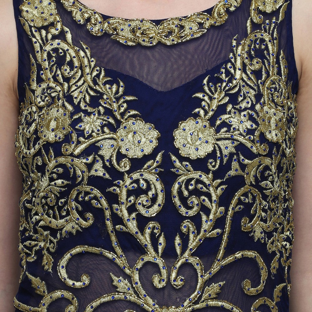 Navy Blue Georgette Gold Embroidered Drape Saree - image 6