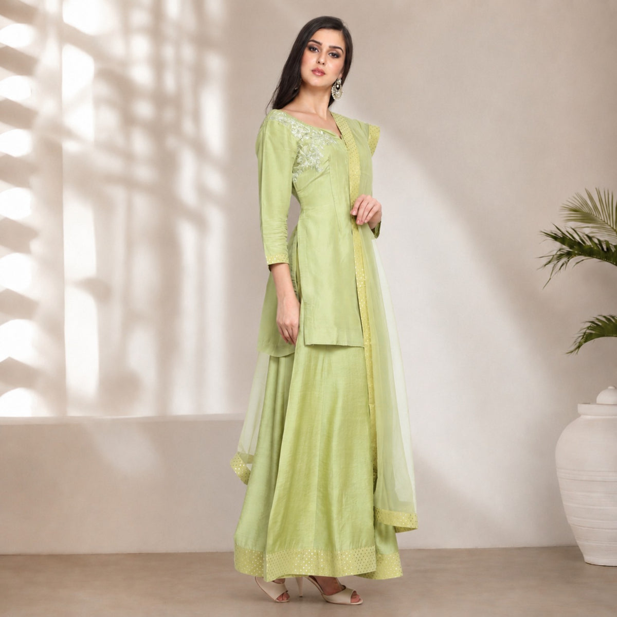 Pista Green Chanderi Silk Kurta Sharara Set - image 3