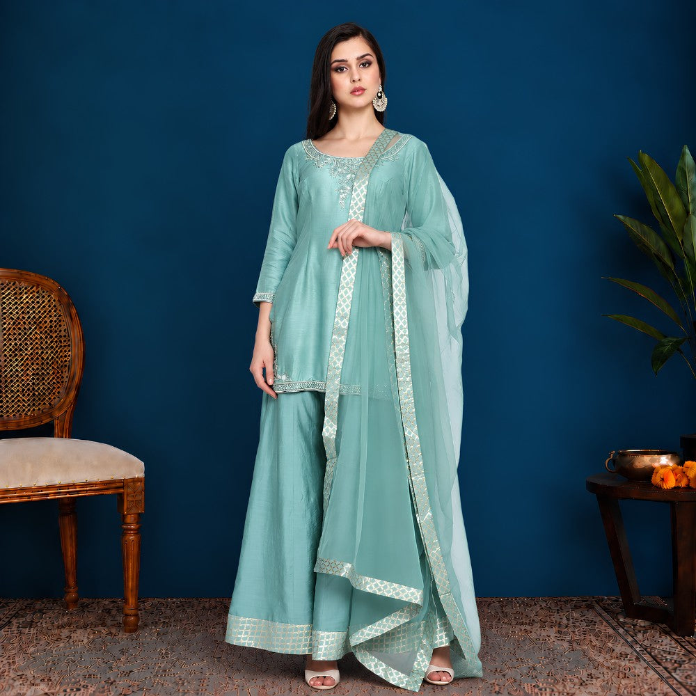 Turquoise Silk Kurta Sharara Set - image 1
