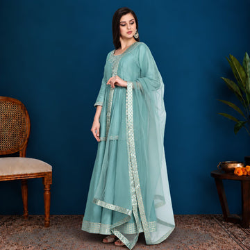 Turquoise Silk Kurta Sharara Set - image 2