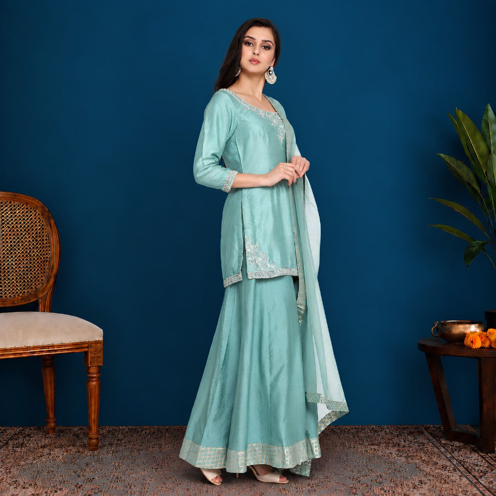 Turquoise Silk Kurta Sharara Set - image 3