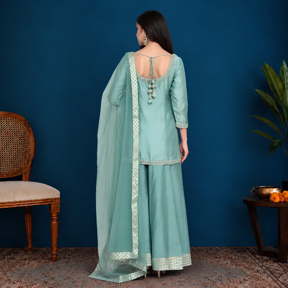Turquoise Silk Kurta Sharara Set - image 4