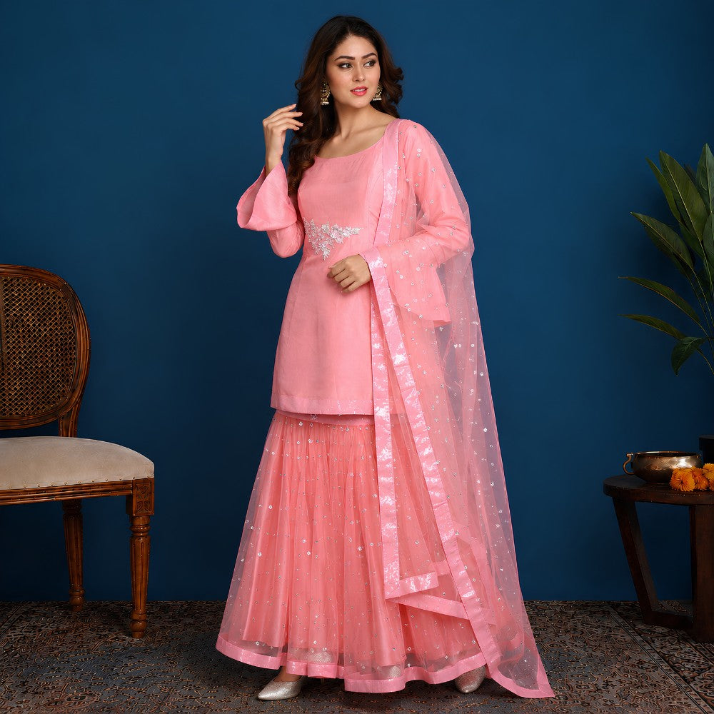Pink Silk Embroidered Kurta Sharara Set - image 3