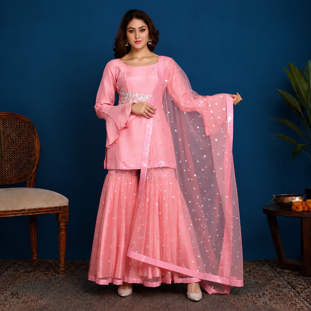 Pink Silk Embroidered Kurta Sharara Set - image 4