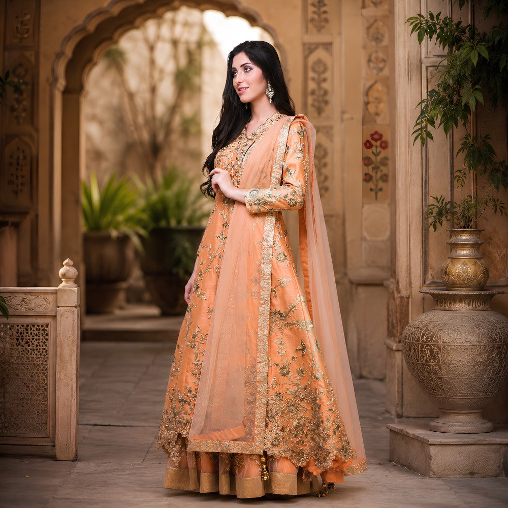 Peach Dupion Silk Embroidered Jacket Set with Skirt - image 3