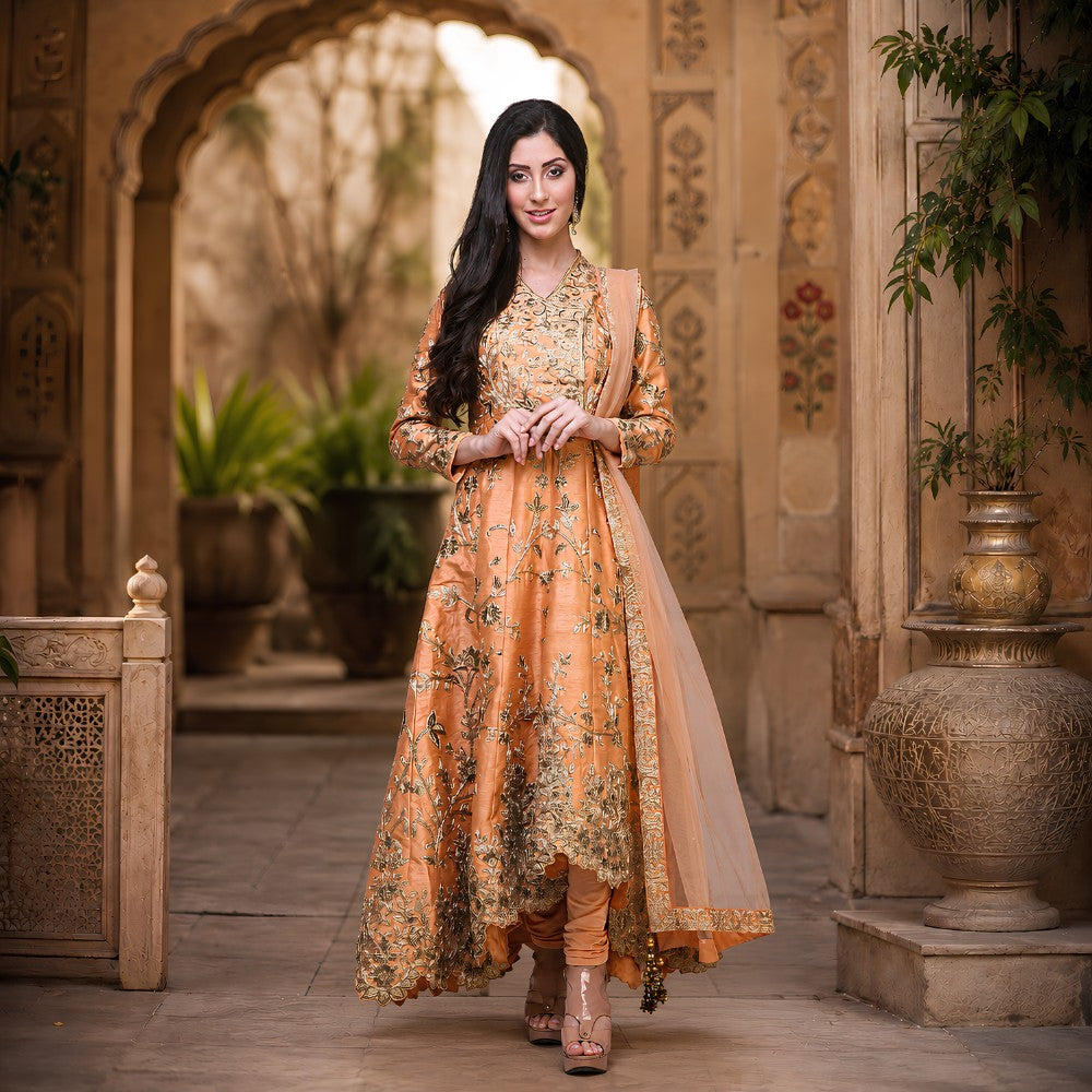 Peach Dupion Silk Embroidered Jacket Set with Skirt - image 4