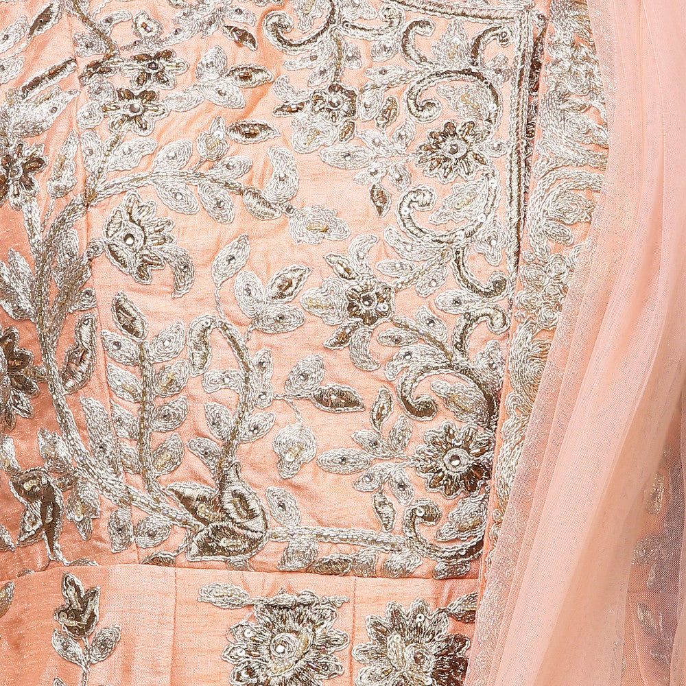 Peach Dupion Silk Embroidered Jacket Set with Skirt - image 6