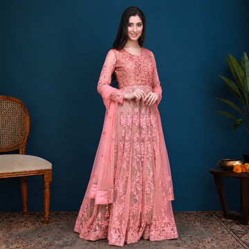 Pink Embroidered Long Anarkali Set - image 1