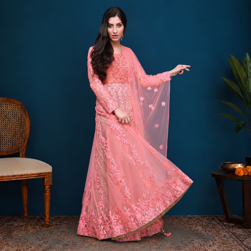 Pink Embroidered Long Anarkali Set - image 3