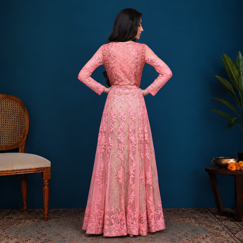Pink Embroidered Long Anarkali Set - image 4