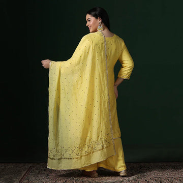 Yellow chandari mukesh unstitched suit