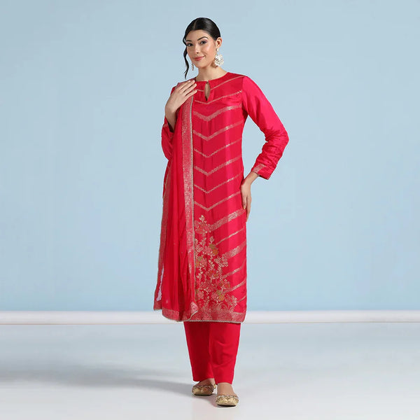 Red Banarasi Unstitched Suit