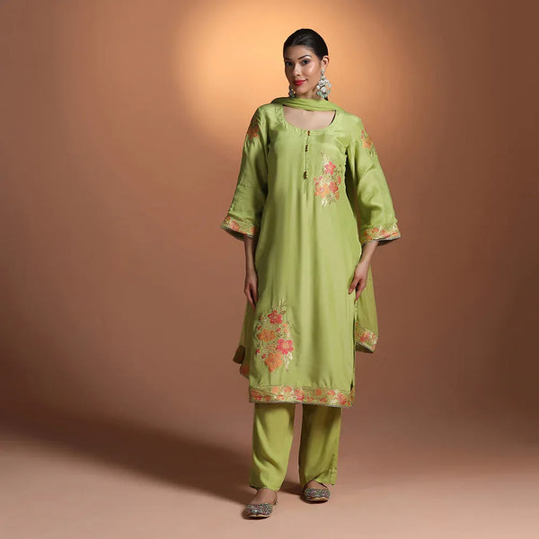Green Banarasi Unstitched Suit