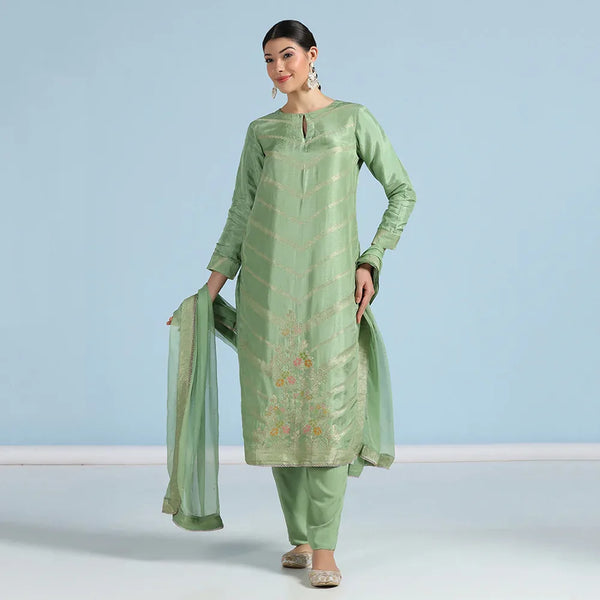 Green Banarasi Unstitched Suit