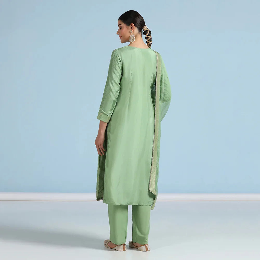 Green Banarasi Unstitched Suit