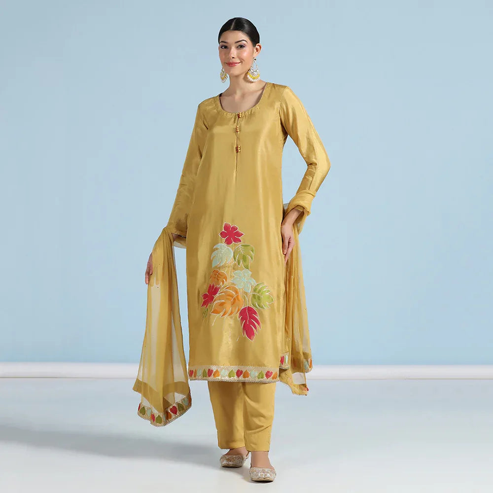 Yellow Banarasi Unstitched Suit