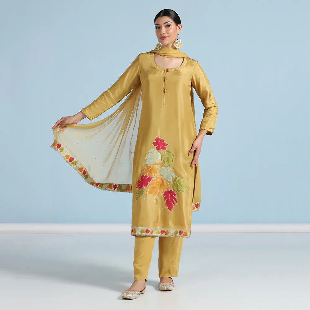 Yellow Banarasi Unstitched Suit