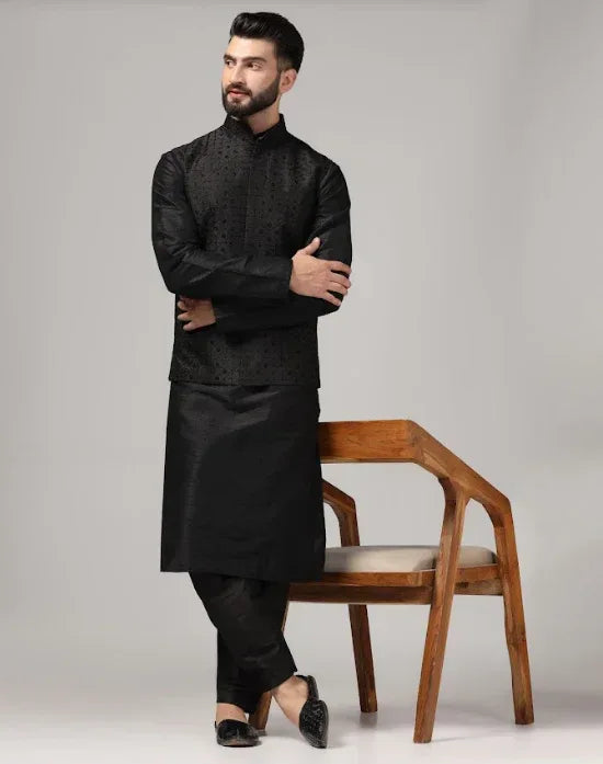 Classic Black Aari Work Nehru Jacket & Kurta Set